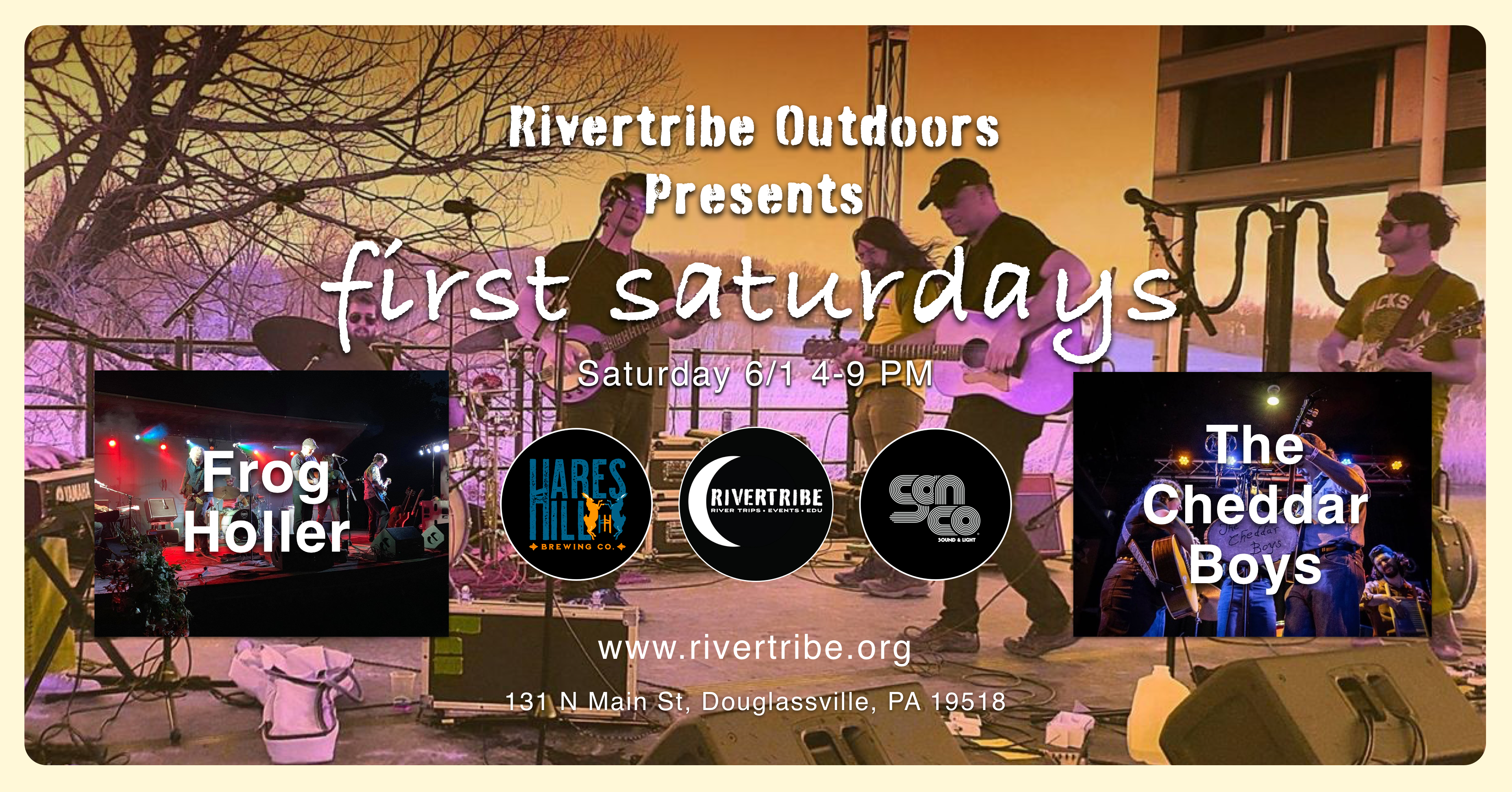 Rivertribe Outdoors First Saturdays Saturday June 1st, with Frog Holler and The Cheddar Boys.