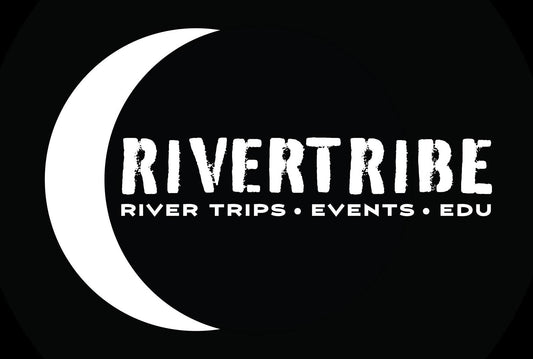 Image ID: black and white logo with illustration of a crescent moon with text that says Rivertribe: River Trips, Events, Edu
